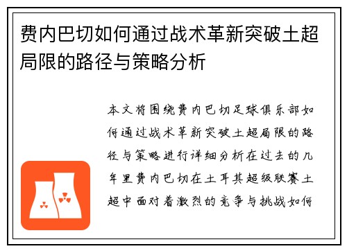 费内巴切如何通过战术革新突破土超局限的路径与策略分析