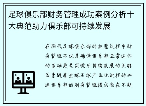 足球俱乐部财务管理成功案例分析十大典范助力俱乐部可持续发展